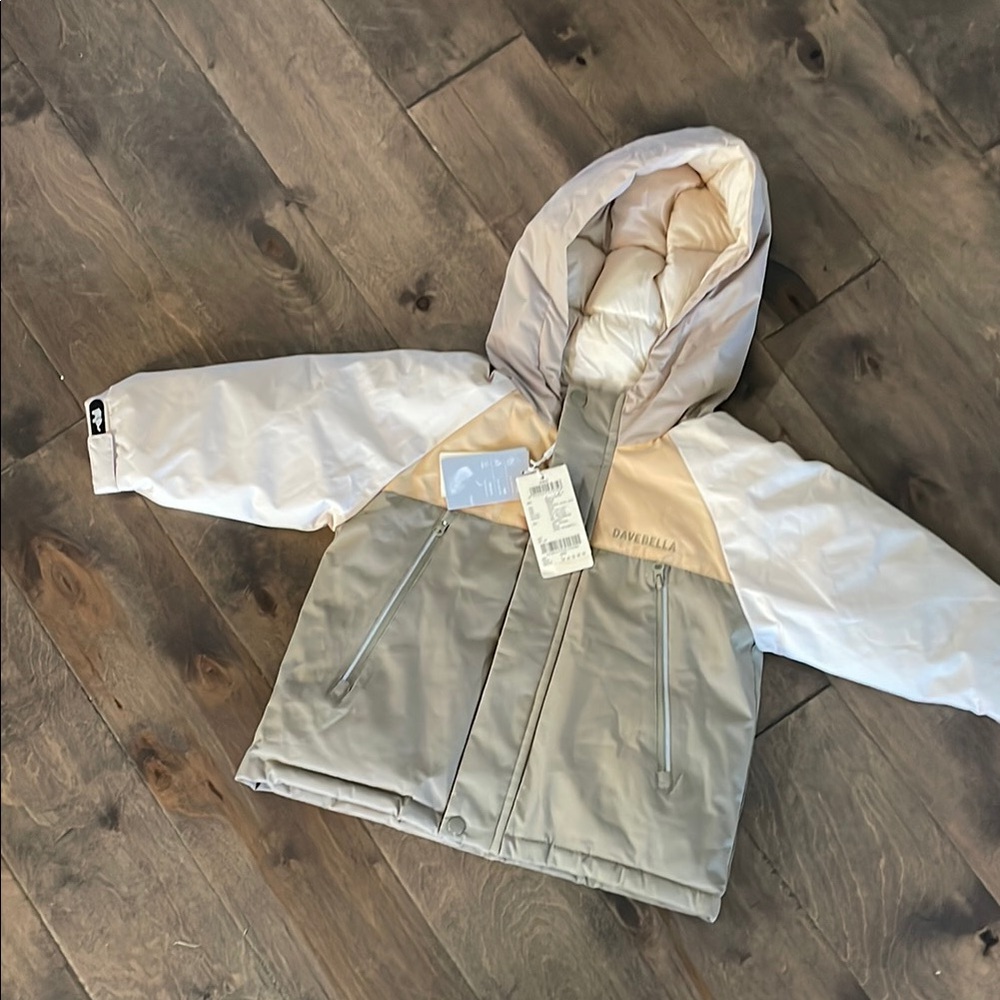 Dave and Bella Kids’ Down Jacket. Sage, Cream and Khaki.